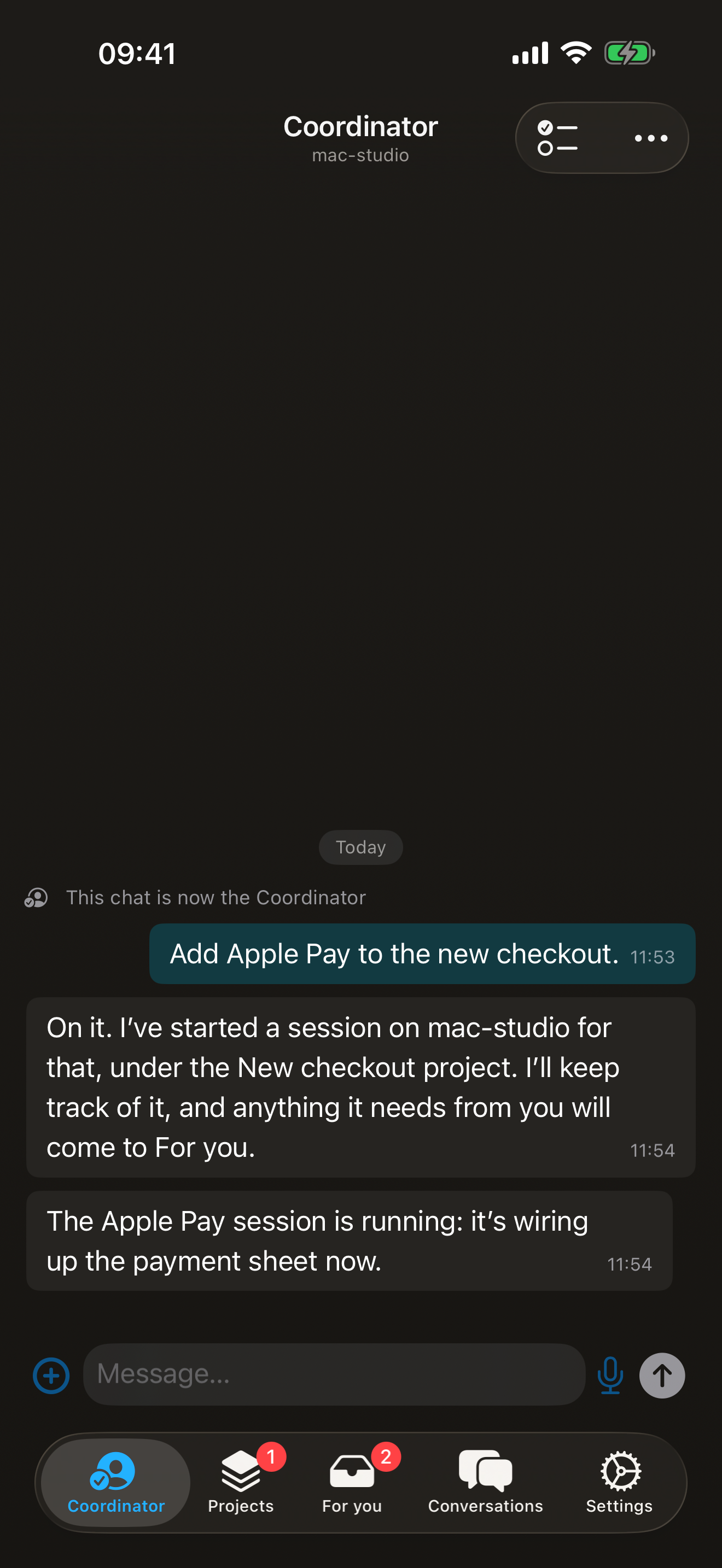 The Coordinator chat in Matron on iPhone: asked to add Apple Pay to the new checkout, it replies that it has started a session on another machine, will keep track of it, and will send anything it needs to For you