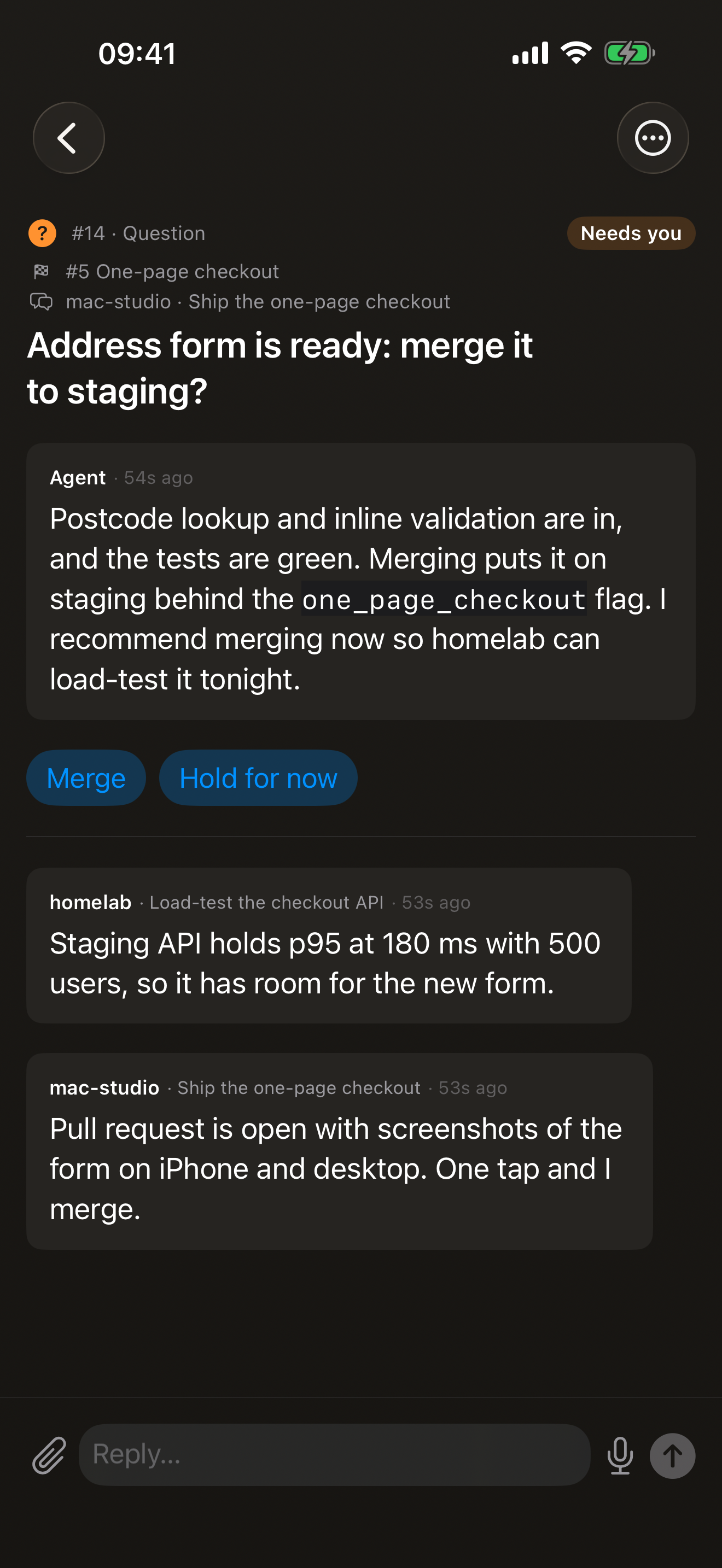 A question in Matron&rsquo;s For you list on iPhone: &lsquo;Address form is ready: merge it to staging?&rsquo; with Merge and Hold for now buttons