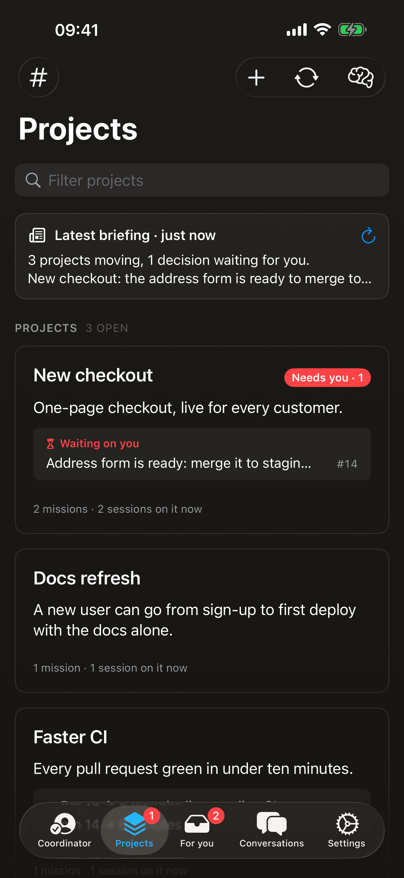 Matron&rsquo;s Projects screen on iPhone: the latest briefing above three projects, one needing you