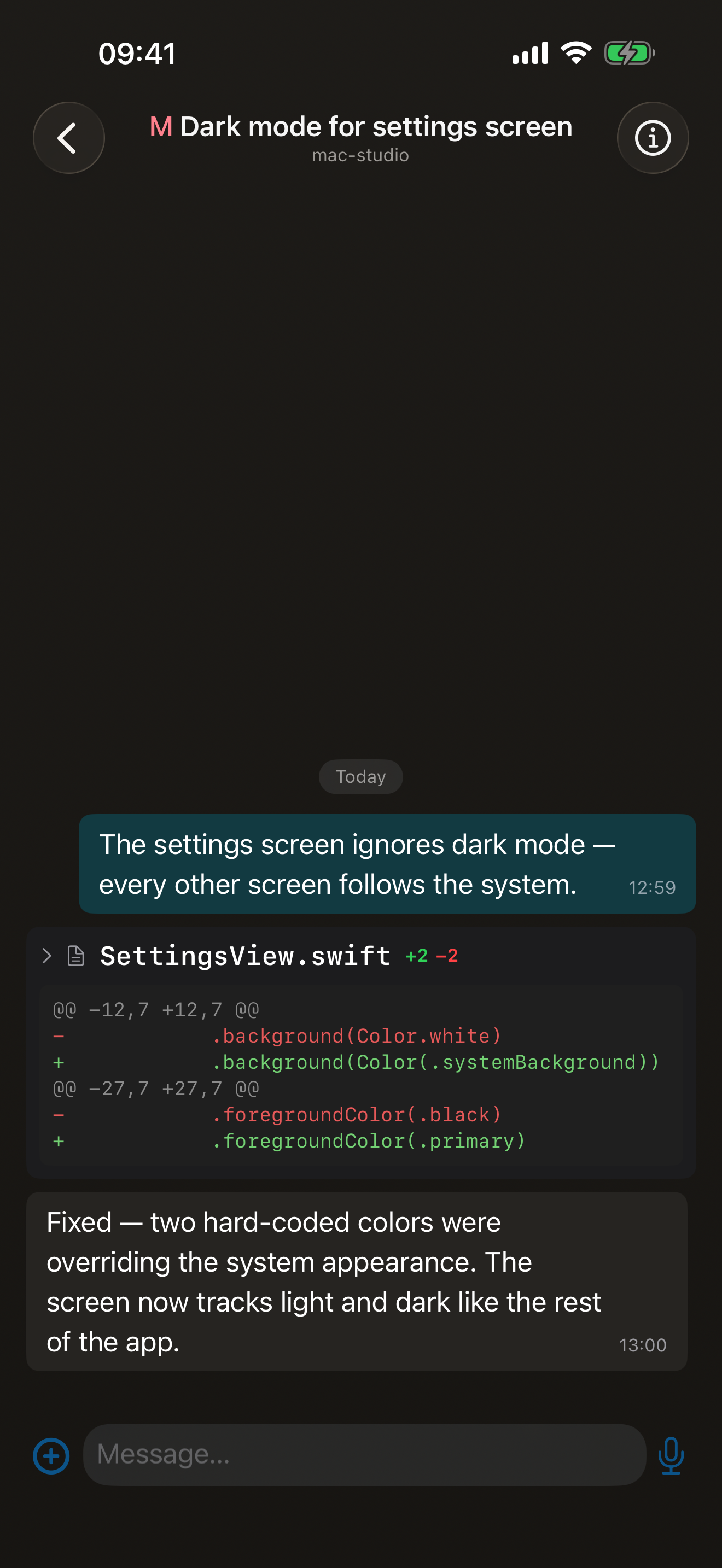 A Matron chat on iPhone: a dark-mode bug report, a two-hunk diff of SettingsView.swift colored line by line, and the agent&rsquo;s reply that the fix is done