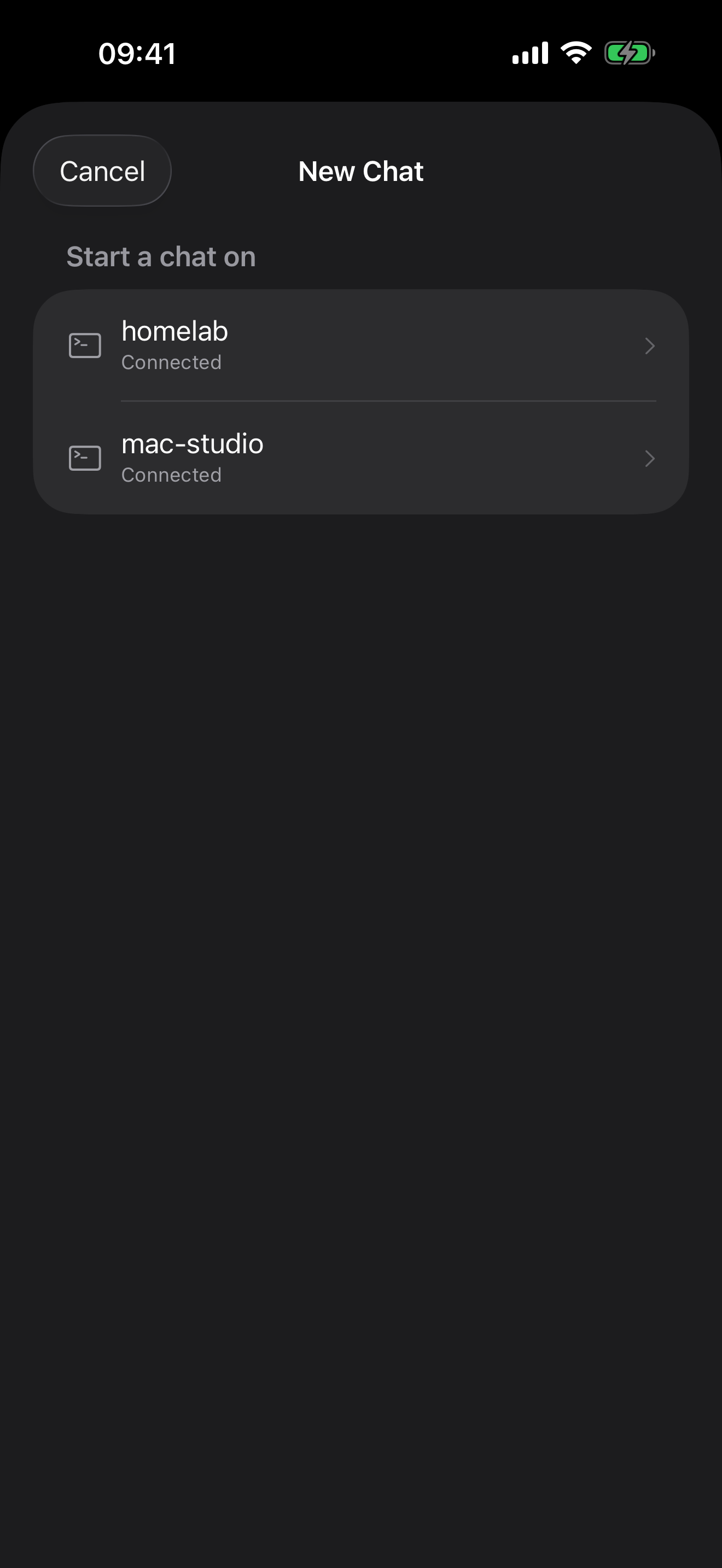 Matron's machine picker: two agents, homelab and mac-studio, both showing as connected