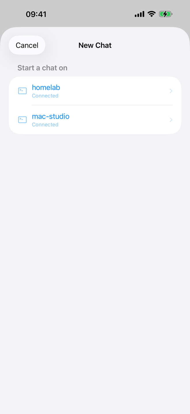 Matron's machine picker: two agents, homelab and mac-studio, both showing as connected