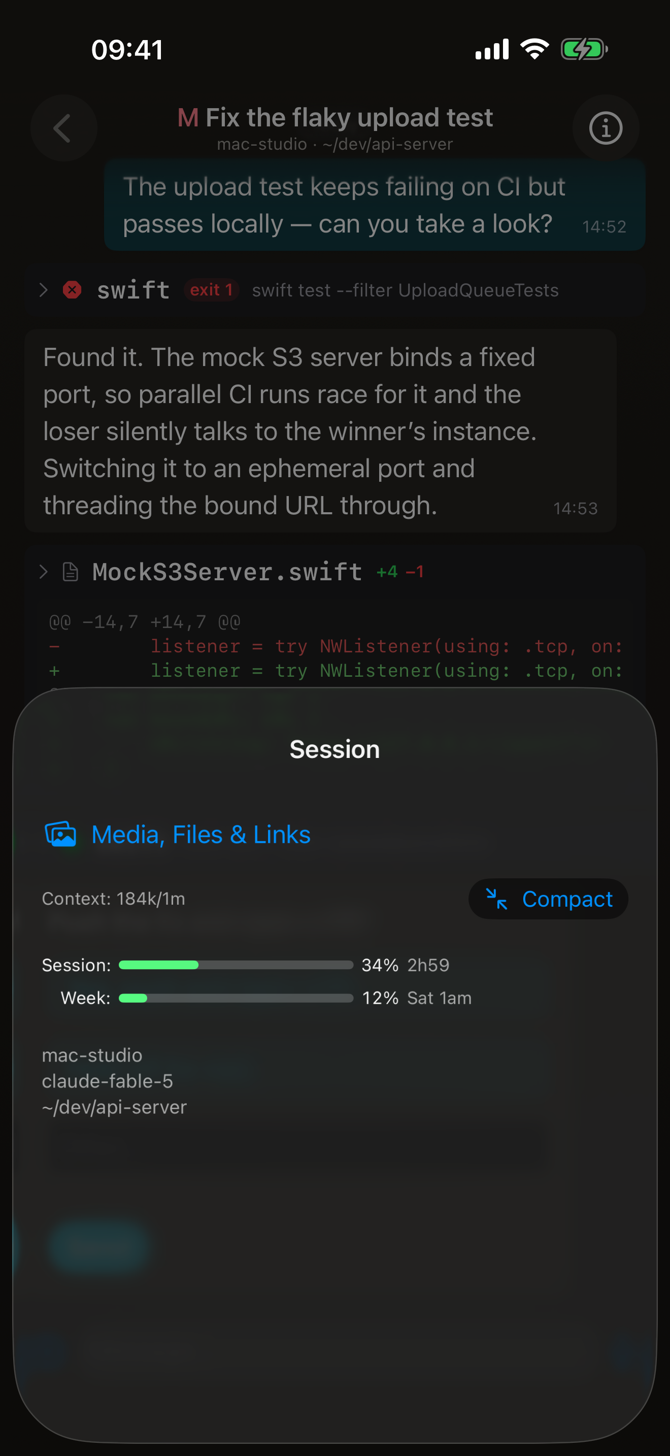 Matron's session sheet: context 184k of 1m tokens, session and weekly rate-limit bars with reset times, the model name, and a Compact button