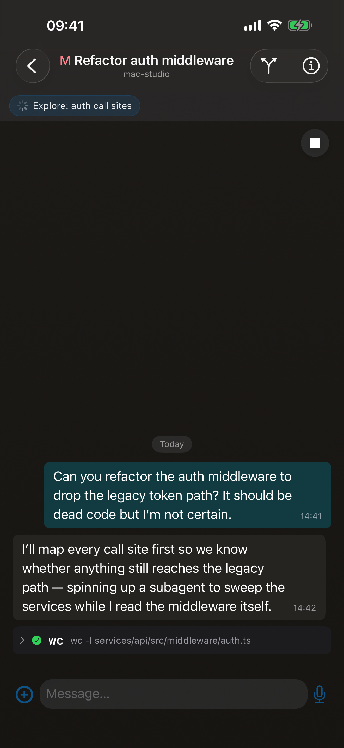 A Matron chat with a running subagent pinned at the top — 'Explore: auth call sites' with a progress spinner — above the main conversation and a code diff