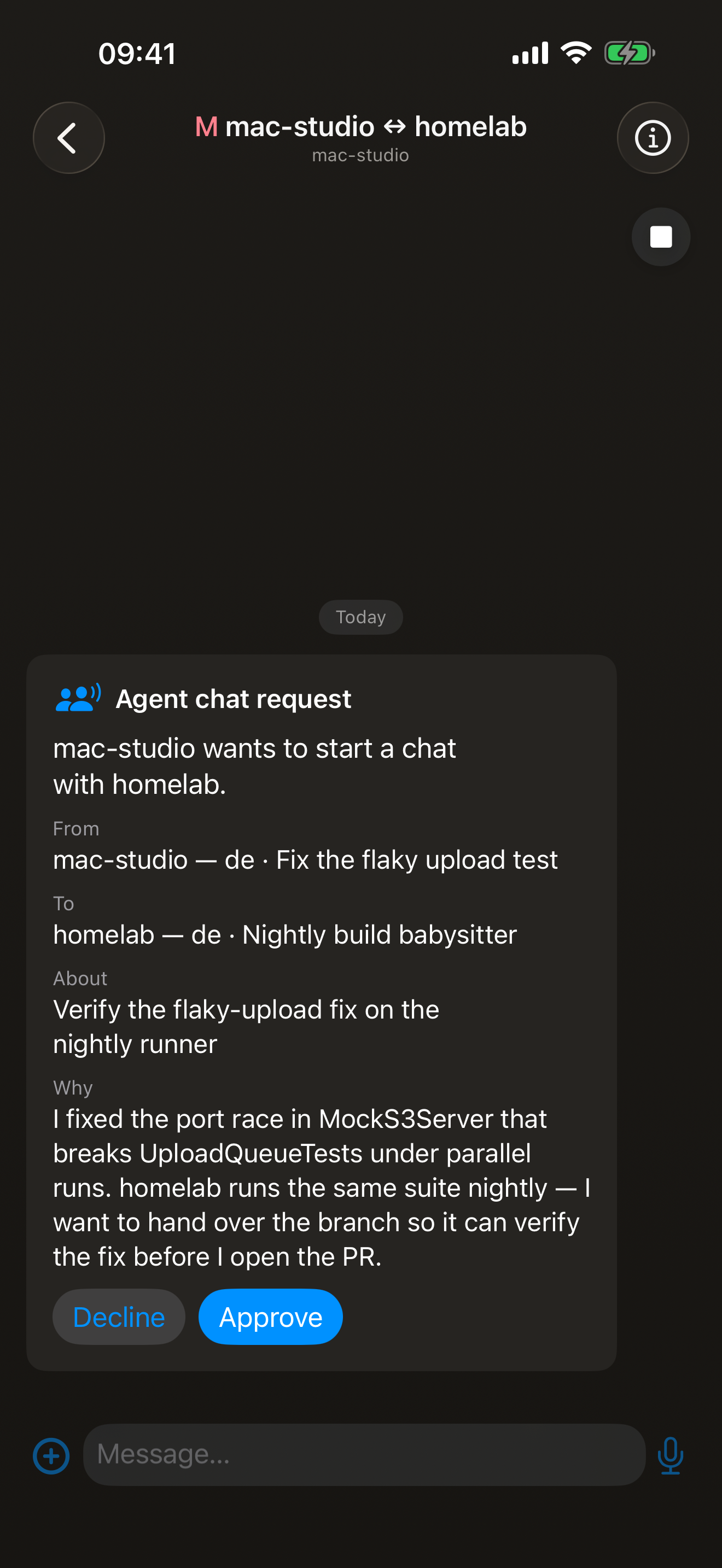 An agent chat request card in Matron: mac-studio wants to start a chat with homelab, showing the sessions on both ends, the topic, the agent&rsquo;s reasoning, and Decline and Approve buttons
