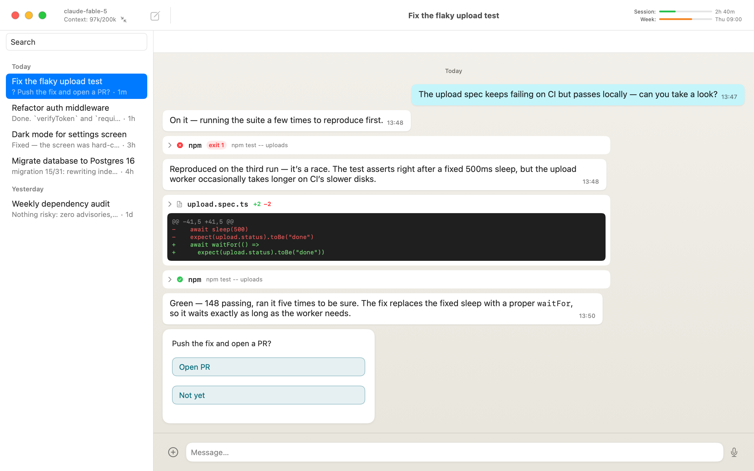 A Matron conversation open in the Mac app: a failing test card, a diff, the passing rerun, and a PR prompt
